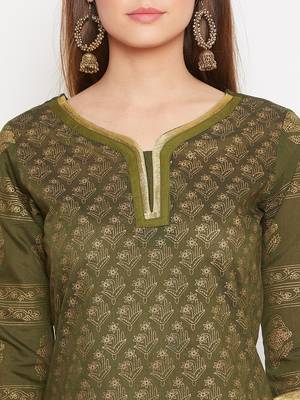 women olive Color Floral Printed Cotton Kurti 6