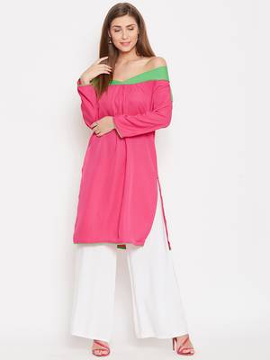 Women Pink and Green Color Plain Crepe Kurti 1