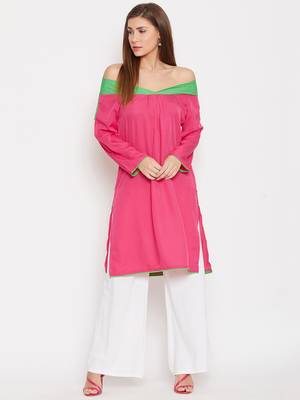 Women Pink and Green Color Plain Crepe Kurti 2