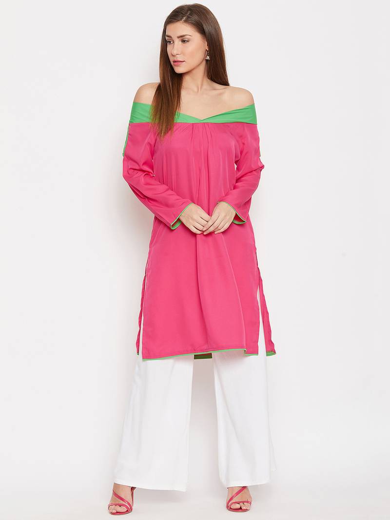 Women Pink and Green Color Plain Crepe Kurti