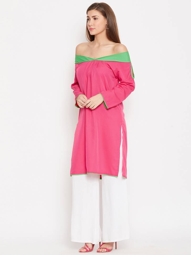 Women Pink and Green Color Plain Crepe Kurti