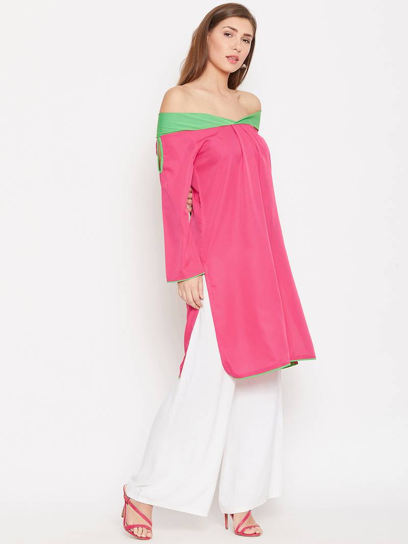 Women Pink and Green Color Plain Crepe Kurti