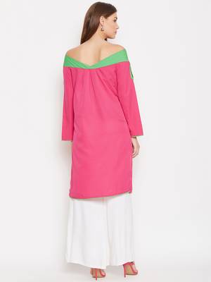 Women Pink and Green Color Plain Crepe Kurti 5