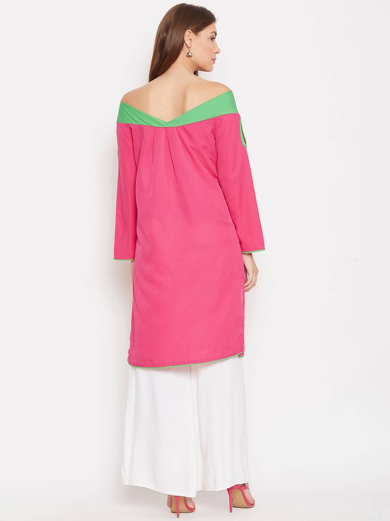 Women Pink and Green Color Plain Crepe Kurti