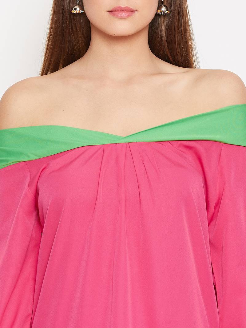 Women Pink and Green Color Plain Crepe Kurti