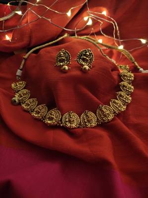 Gold Tone Temple Work Necklace With Earrings 1