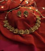 Gold Tone Temple Work Necklace With Earrings