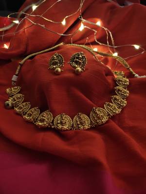Gold Tone Temple Work Necklace With Earrings 2