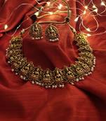 Gold Tone Temple Work Necklace Set With Pearls