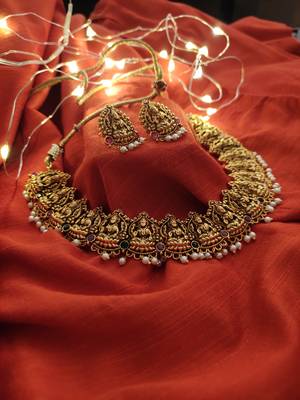 Gold Tone Temple Work Necklace Set With Pearls 2