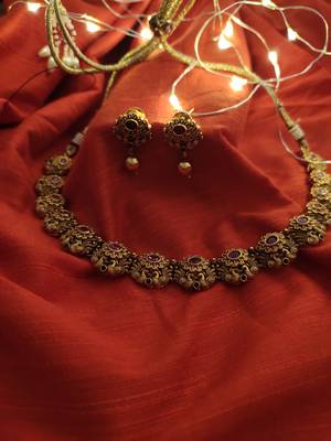 Ruby Red Gold Tone Temple Work Necklace With Earrings 1