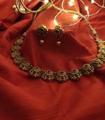 Ruby Red Gold Tone Temple Work Necklace With Earrings
