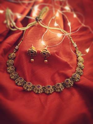 Ruby Red Gold Tone Temple Work Necklace With Earrings 2