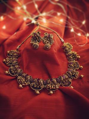 Red Gold Tone Temple Work Necklace With Earrings 1