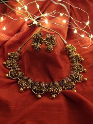 Red Gold Tone Temple Work Necklace With Earrings 2