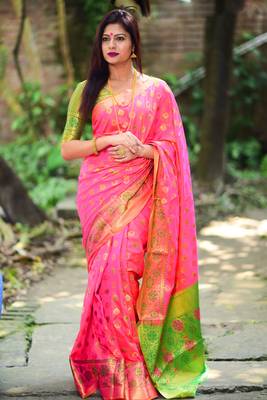 Pink woven banarasi saree with blouse 1