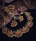 Pink Green Gold Tone Polki Necklace With Earrings