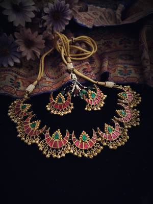 Pink Green Gold Tone Polki Necklace With Earrings 2