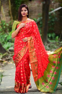Red woven banarasi saree with blouse 1