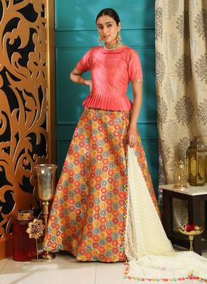 Pink Plain
 Jacquard Unstitched
 Lehenga 1