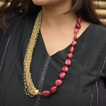Gold Tone Pink Stone Necklace 1