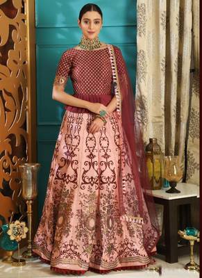 Maroon Plain
 Silk Unstitched Lehenga 1