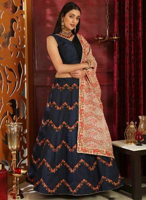 Blue Plain
 Silk Unstitched Lehenga 1