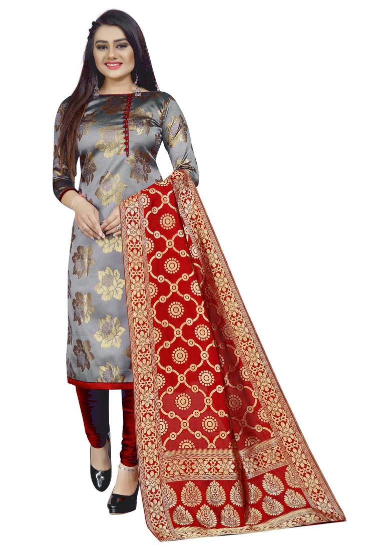 grey woven brocade unstitched sawlar with dupatta