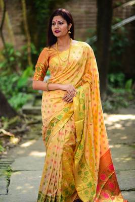 Yellow woven banarasi saree with blouse 1
