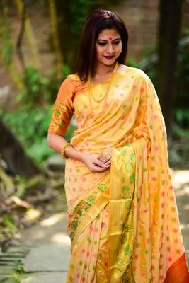 Yellow woven banarasi saree with blouse 2