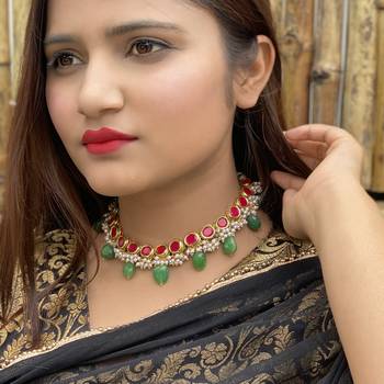 Red- Green Kundan Inspired Pearl Necklace 1