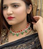 Red- Green Kundan Inspired Pearl Necklace