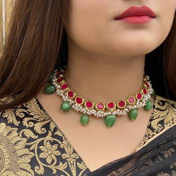 Red- Green Kundan Inspired Pearl Necklace 2