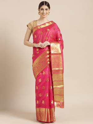 Kimisha Women's Red Cotton Silk Zari Work Kanjivaram Saree With Zari Border 5