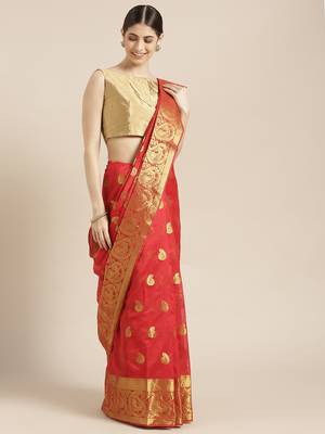 Kimisha Women's Red Cotton Silk Zari Work Kanjivaram Saree With Zari Border 5