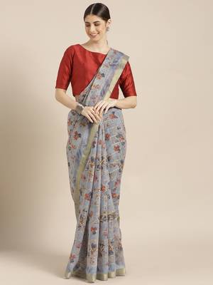 Grey printed blended cotton saree with blouse 5