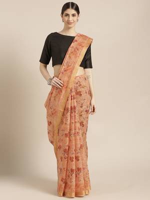Kimisha Women's Peach Cotton Blend Floral Digital Printed Saree 5
