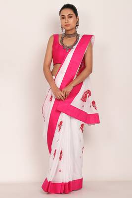 White Kota Chikankari saree with Pink Blouse(unstiched) 1