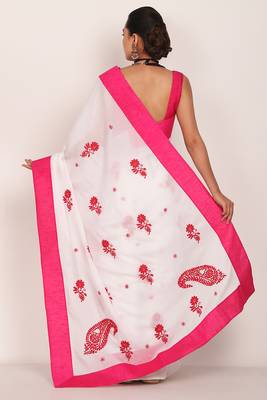 White Kota Chikankari saree with Pink Blouse(unstiched) 2