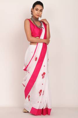 White Kota Chikankari saree with Pink Blouse(unstiched) 3