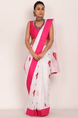 White Kota Chikankari saree with Pink Blouse(unstiched) 4