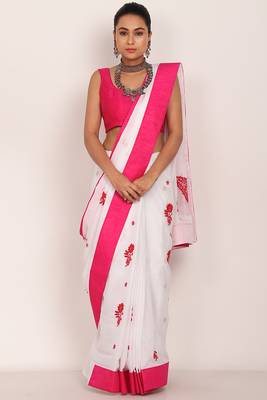 White Kota Chikankari saree with Pink Blouse(unstiched) 5