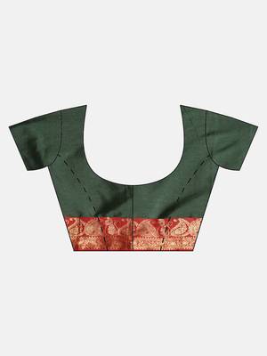 Dark green woven blended silk saree with blouse 2