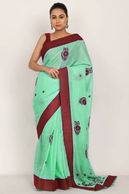 Green Chikankari Kota Doria Saree With Red Blouse(unstiched) 1