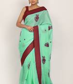 Green Chikankari Kota Doria Saree With Red Blouse(unstiched)