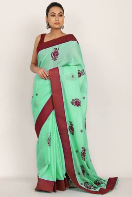 Green Chikankari Kota Doria Saree With Red Blouse(unstiched) 2