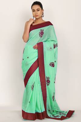 Green Chikankari Kota Doria Saree With Red Blouse(unstiched) 3