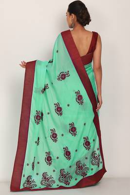 Green Chikankari Kota Doria Saree With Red Blouse(unstiched) 4