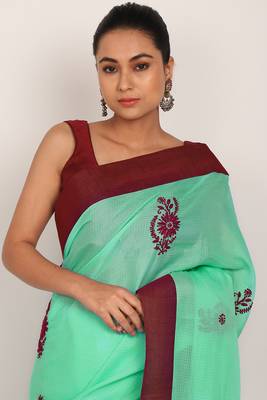 Green Chikankari Kota Doria Saree With Red Blouse(unstiched) 5