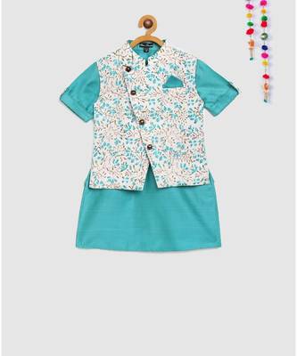 bright blue kurta with floral block print print jacket 1